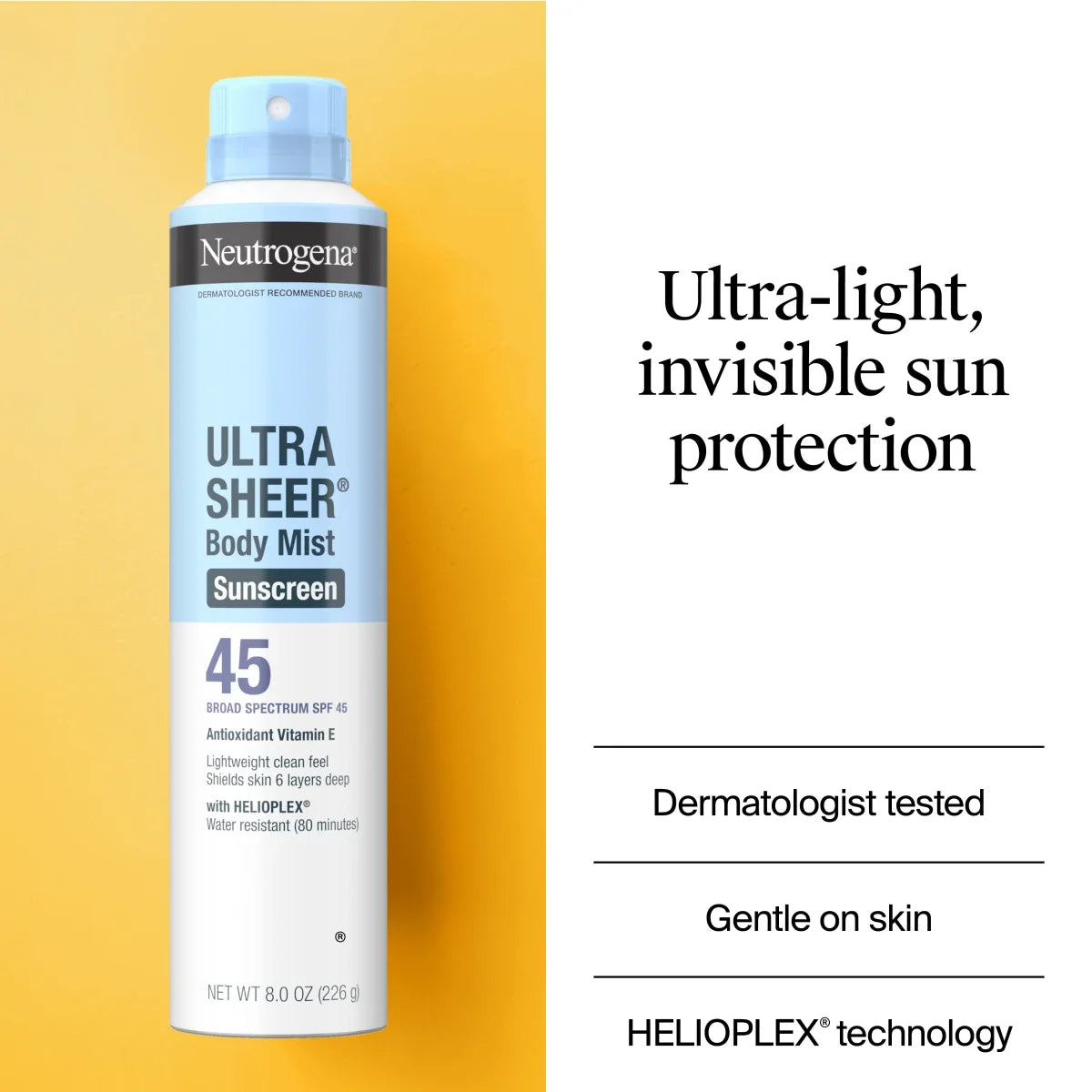 Neutrogena Ultra Sheer Body Mist Sunscreen Spray, Broad Spectrum SPF 45, 8 Oz