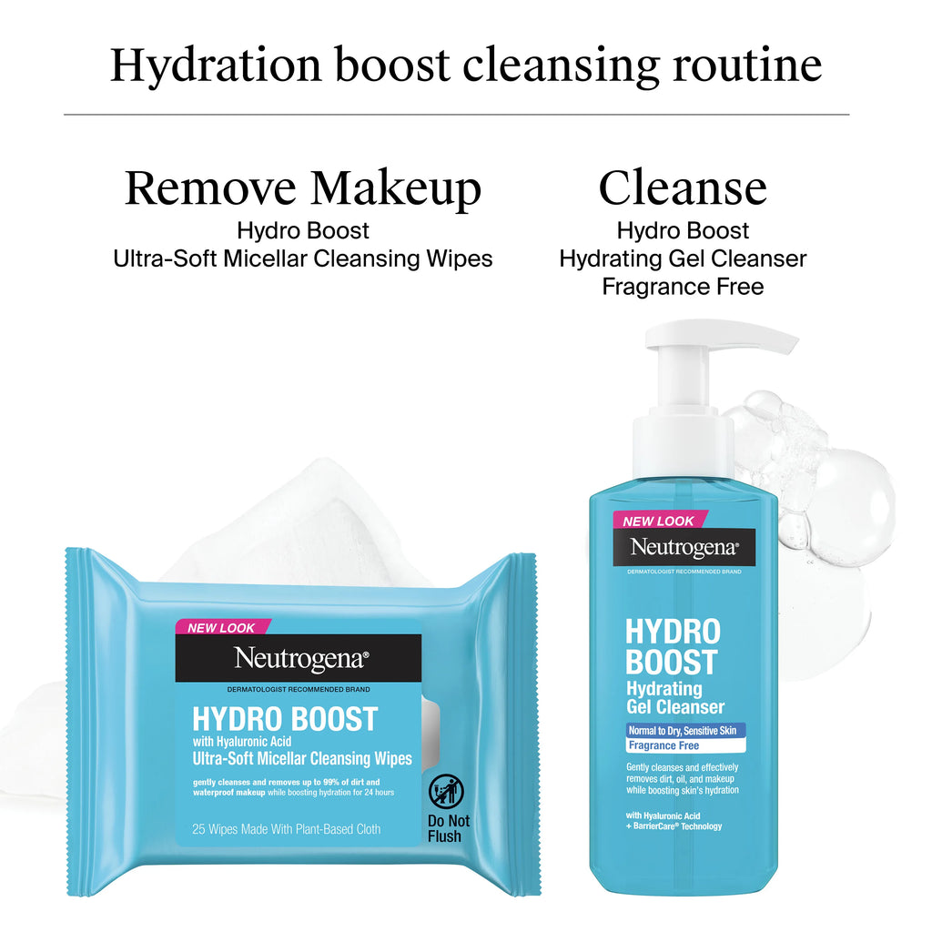 Neutrogena Hydration Boost Cleansing | Hyaluronic Acid Gel Cleanser + Wipes Duo