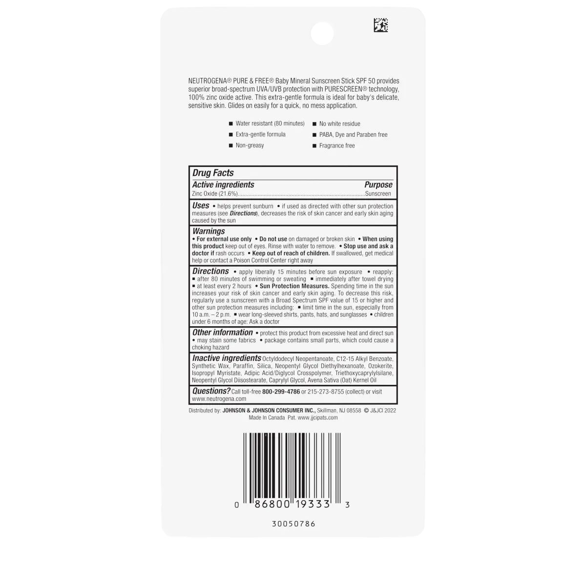 SPF 50 Broad Spectrum • 0.47 Oz | Neutrogena Pure Baby Sunscreen Stick