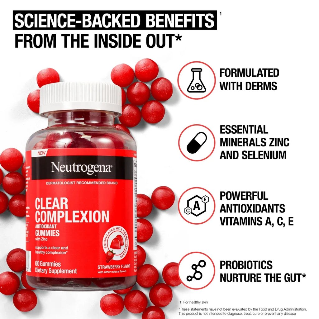 Neutrogena Clear Complexion Antioxidant — 60 Gummies | Strawberry Flavor + Zinc