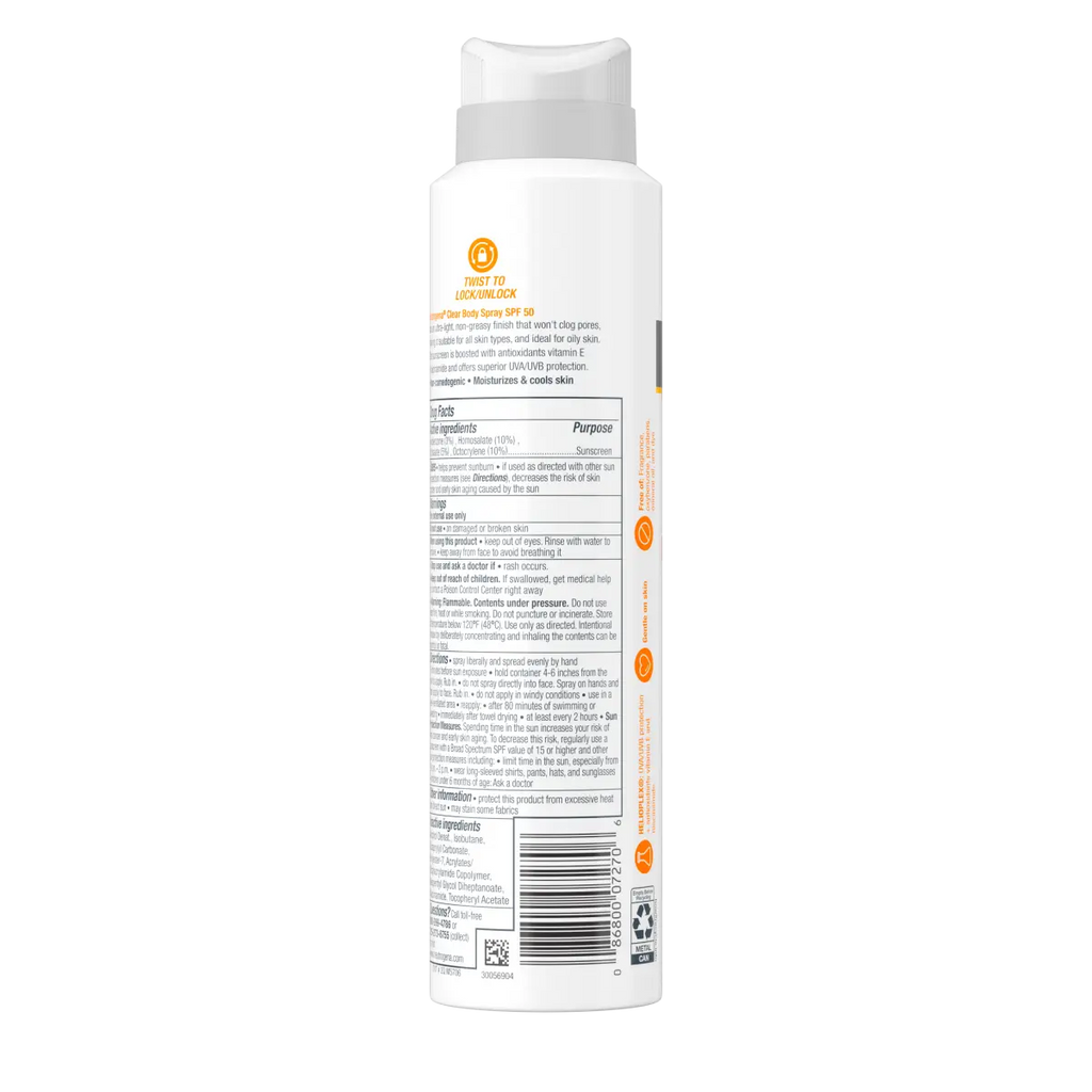 Neutrogena Clear Body SPF — Non-Comedogenic Sunscreen Spray, SPF 50, 5 oz