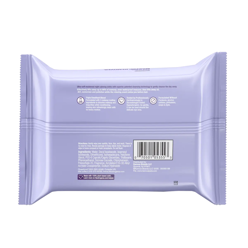 Neutrogena Night Calming Makeup — Ultra-Soft Micellar Remover Wipes, 25 Count