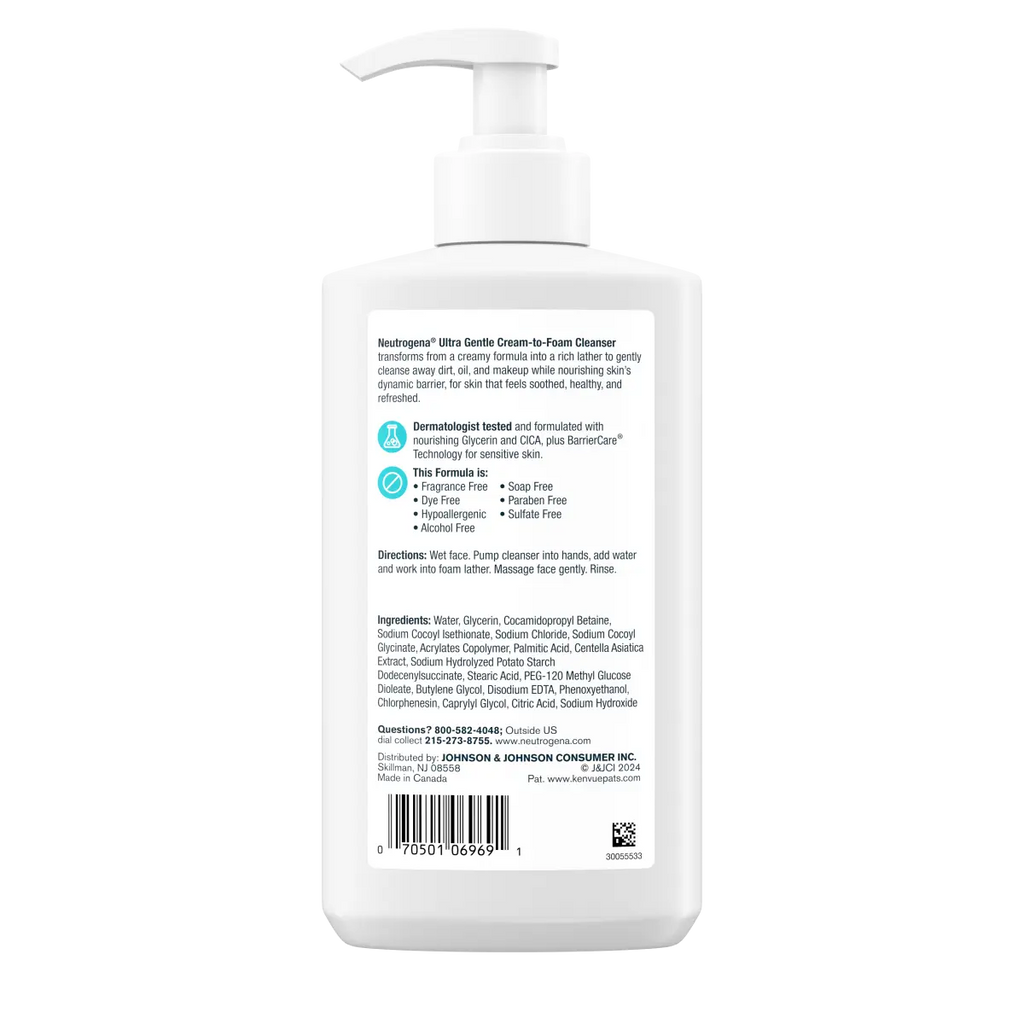 Neutrogena Ultra Gentle Cream | 12 Fl. Oz | Cream-to-Foam Daily Face Wash